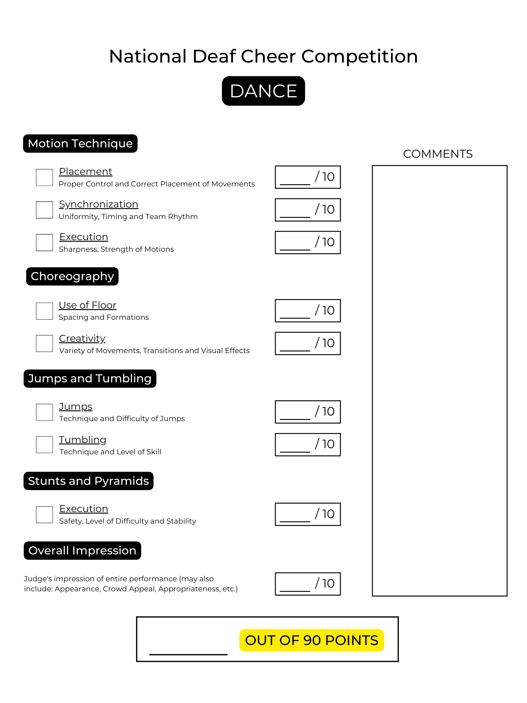 Dance Score Sheet