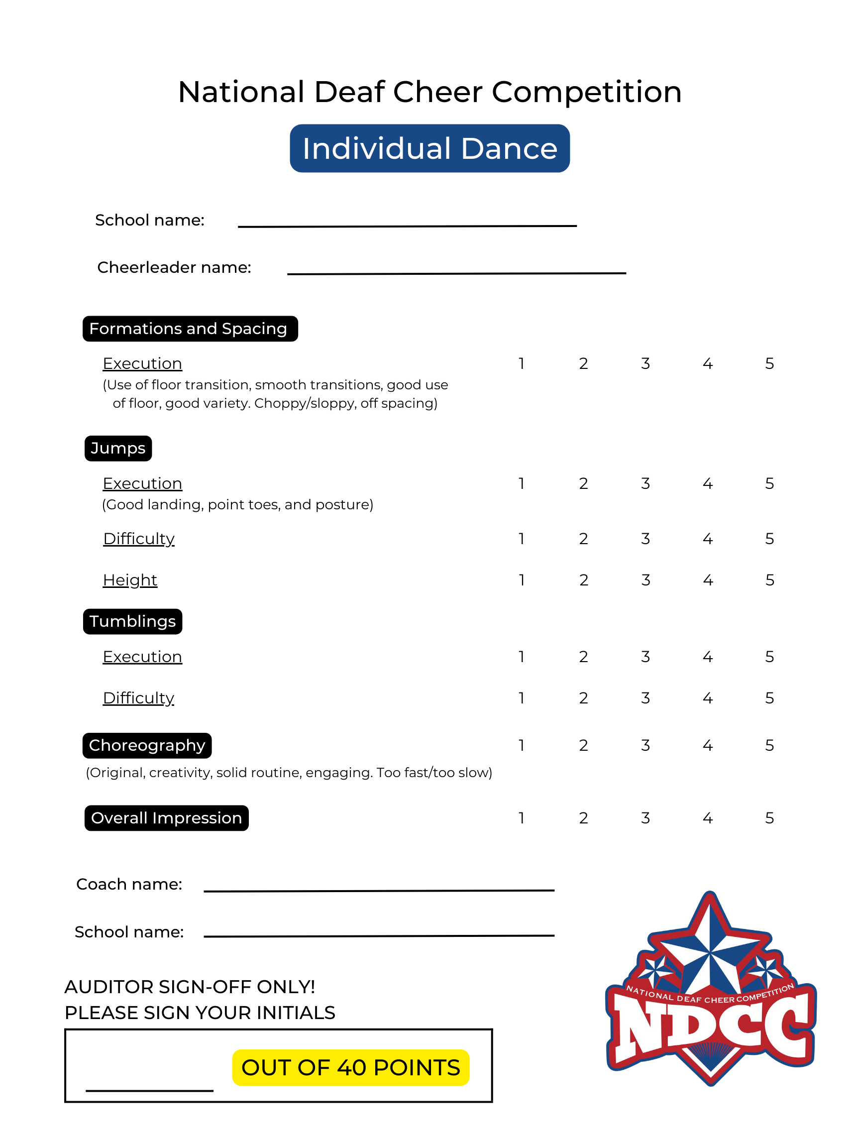 Individual Dance Score Sheet