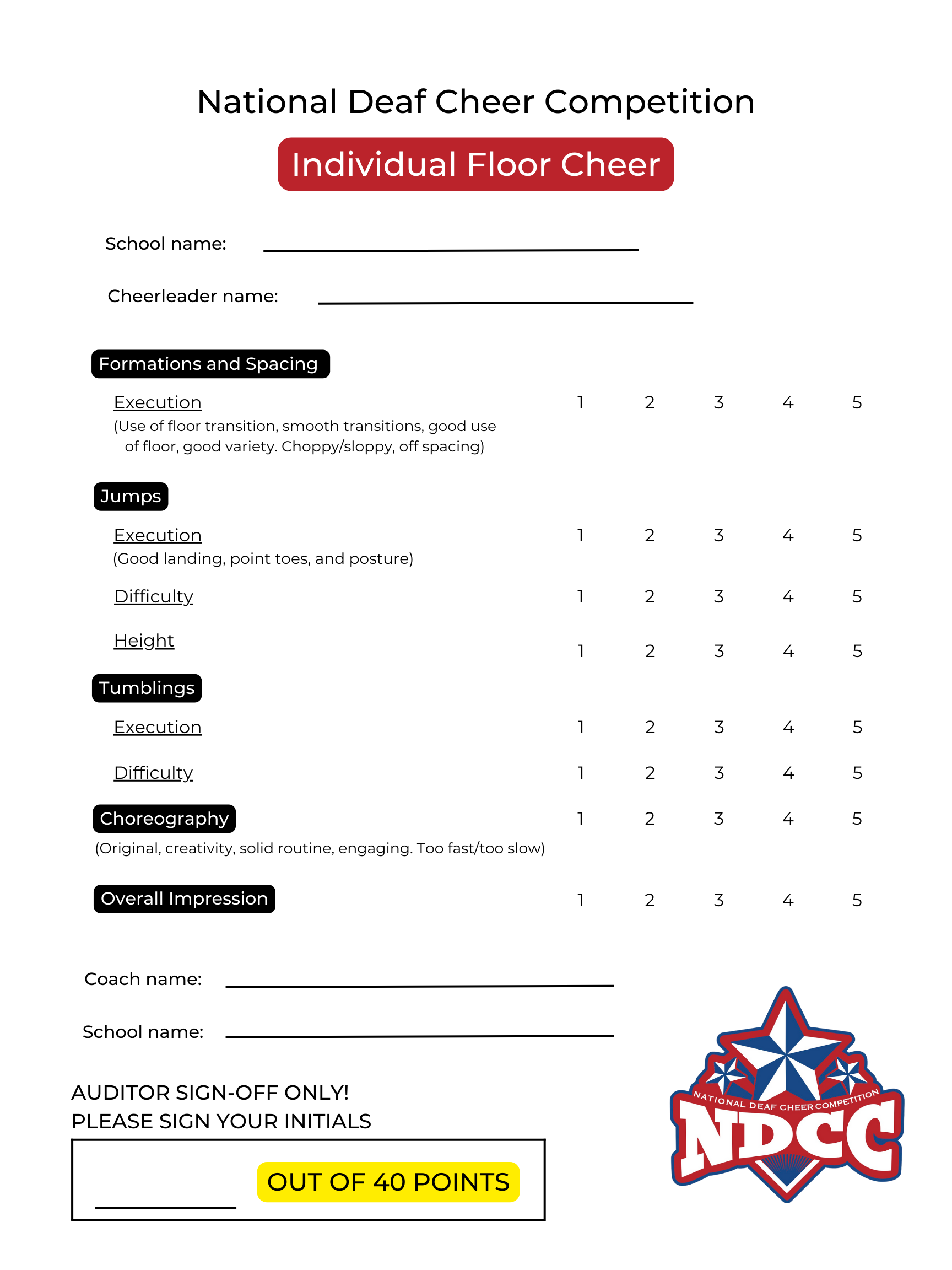 Individual Floor Cheer Score Sheet